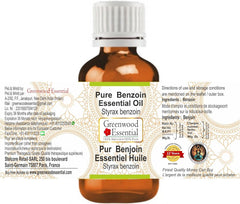 Greenwood Essential Benzoin Oil bottle label—steam-distilled purity for all skin types.