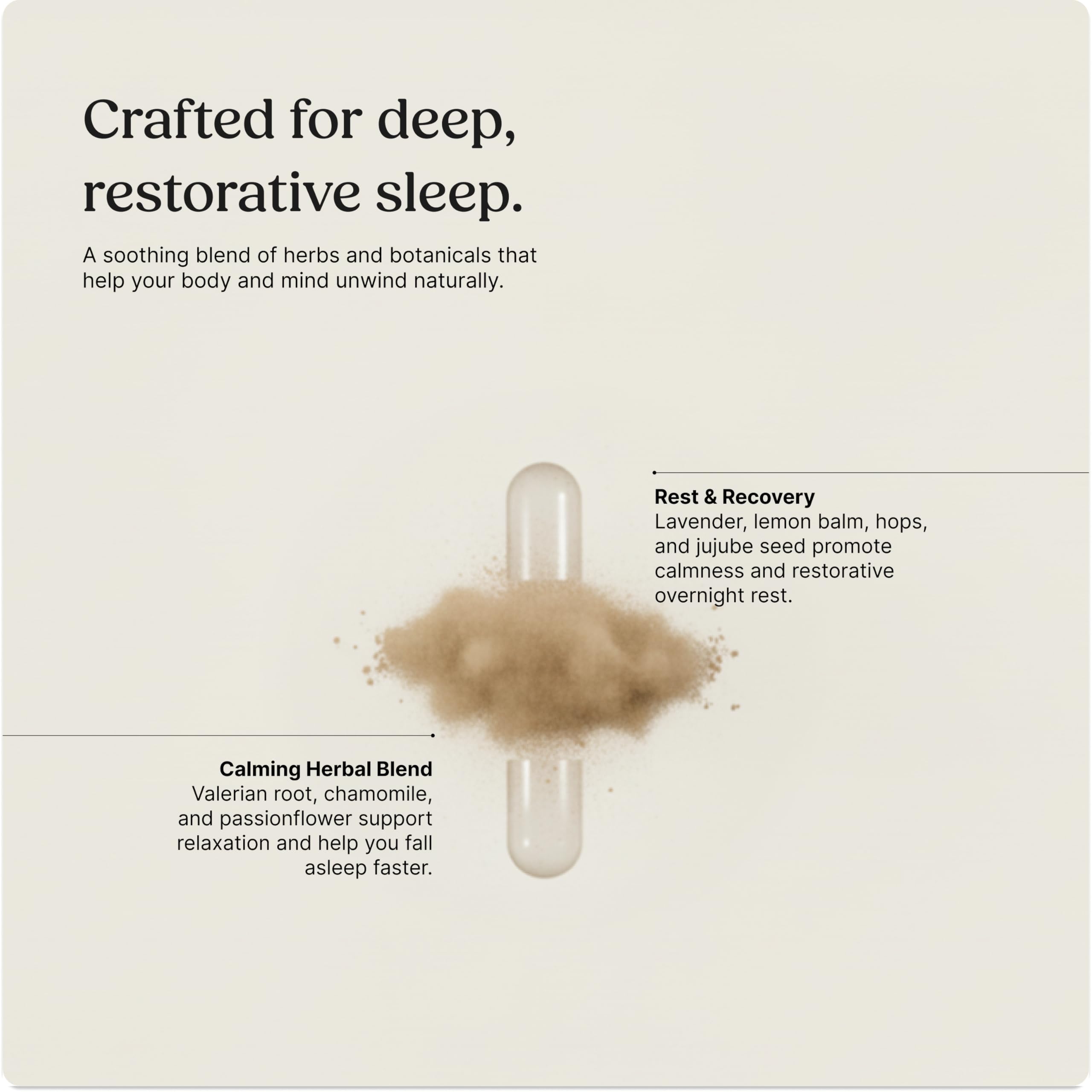 Close-up of organic herbal blend ingredients including Ashwagandha and Valerian