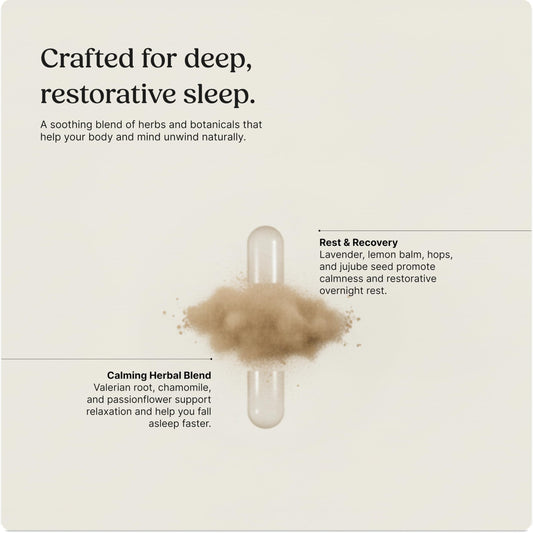 Close-up of organic herbal blend ingredients including Ashwagandha and Valerian