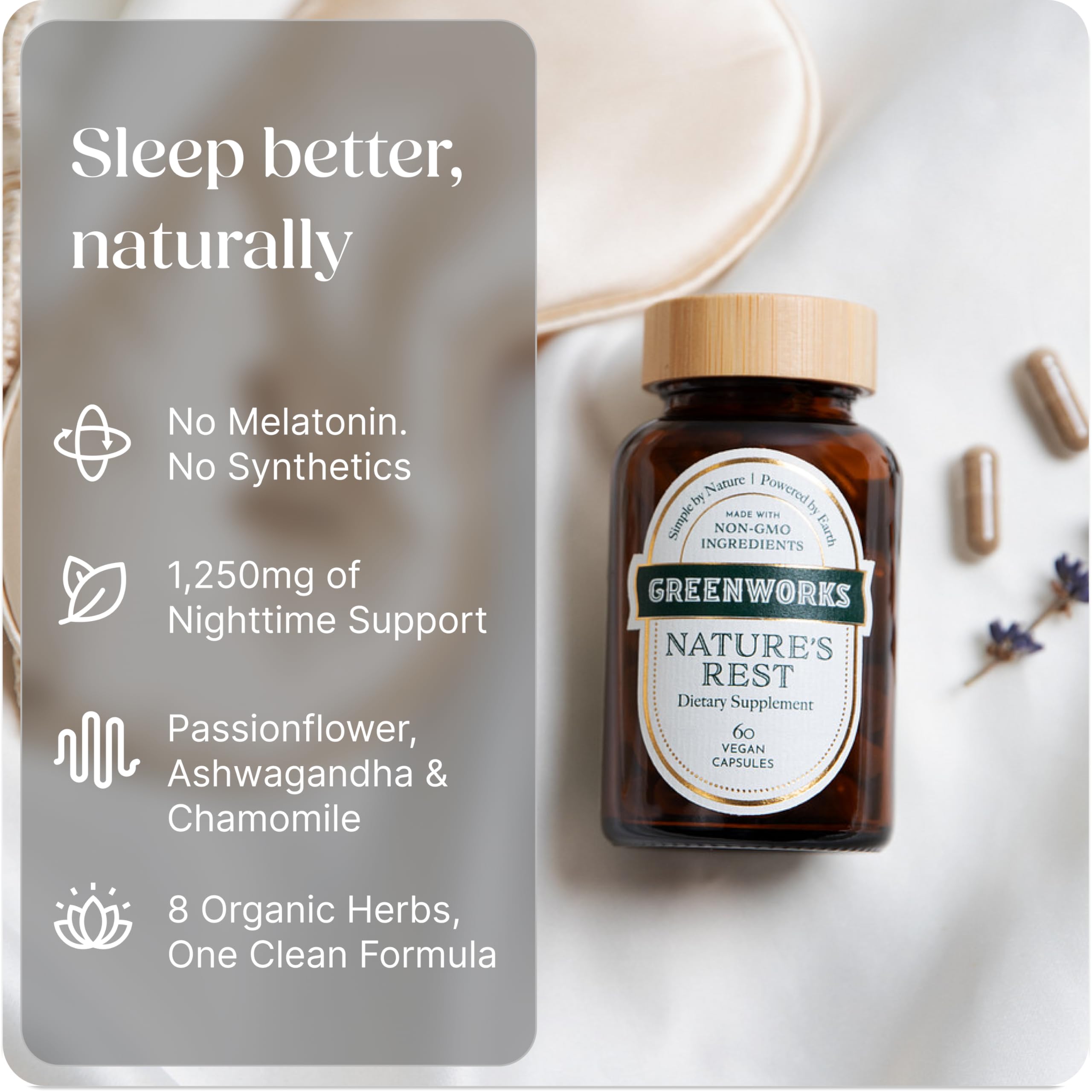 Botanical blend featuring Chamomile, Passionflower, Lavender and Lemon Balm