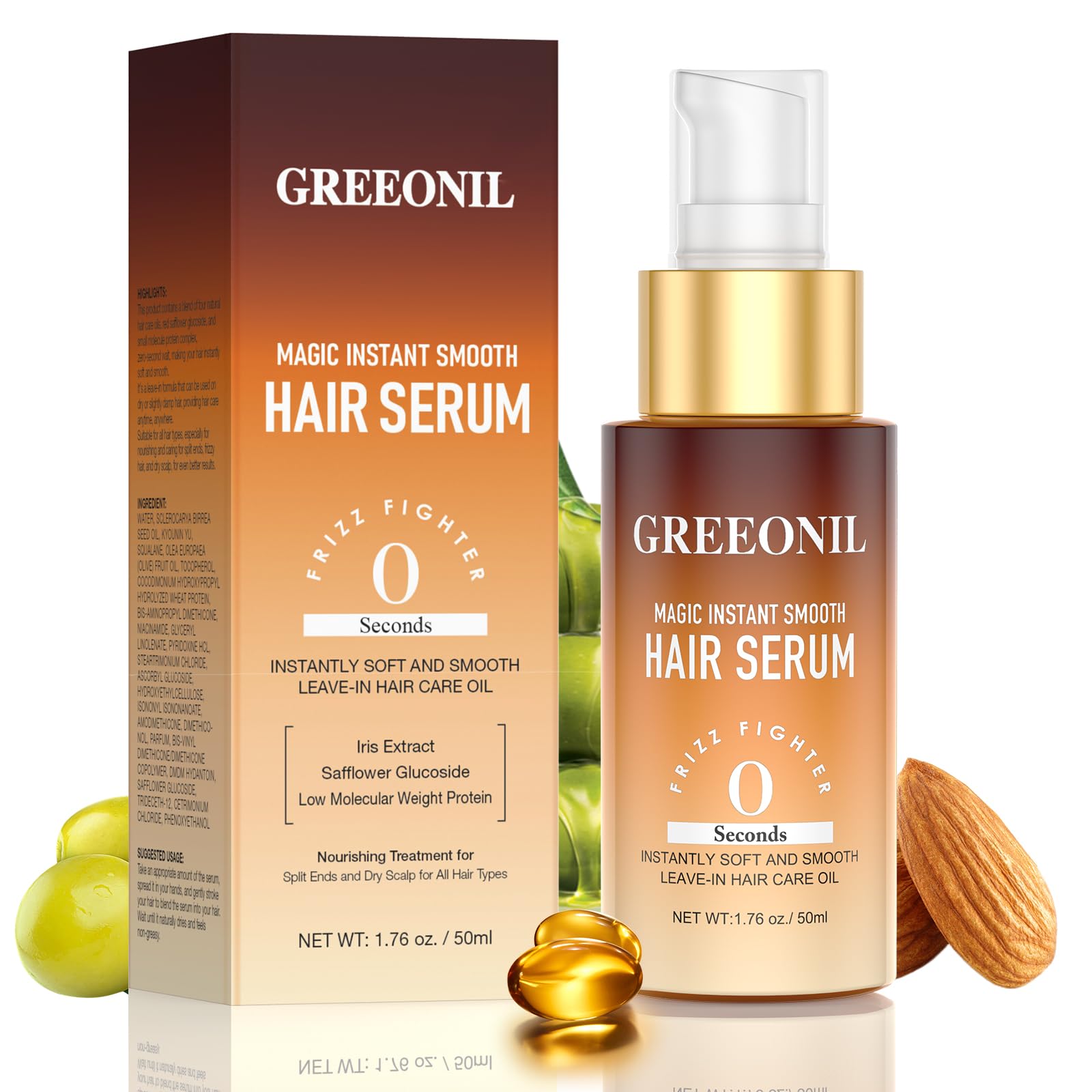 GREEONIL Hair Serum bottle demonstrating frizz-control for smoother hair.