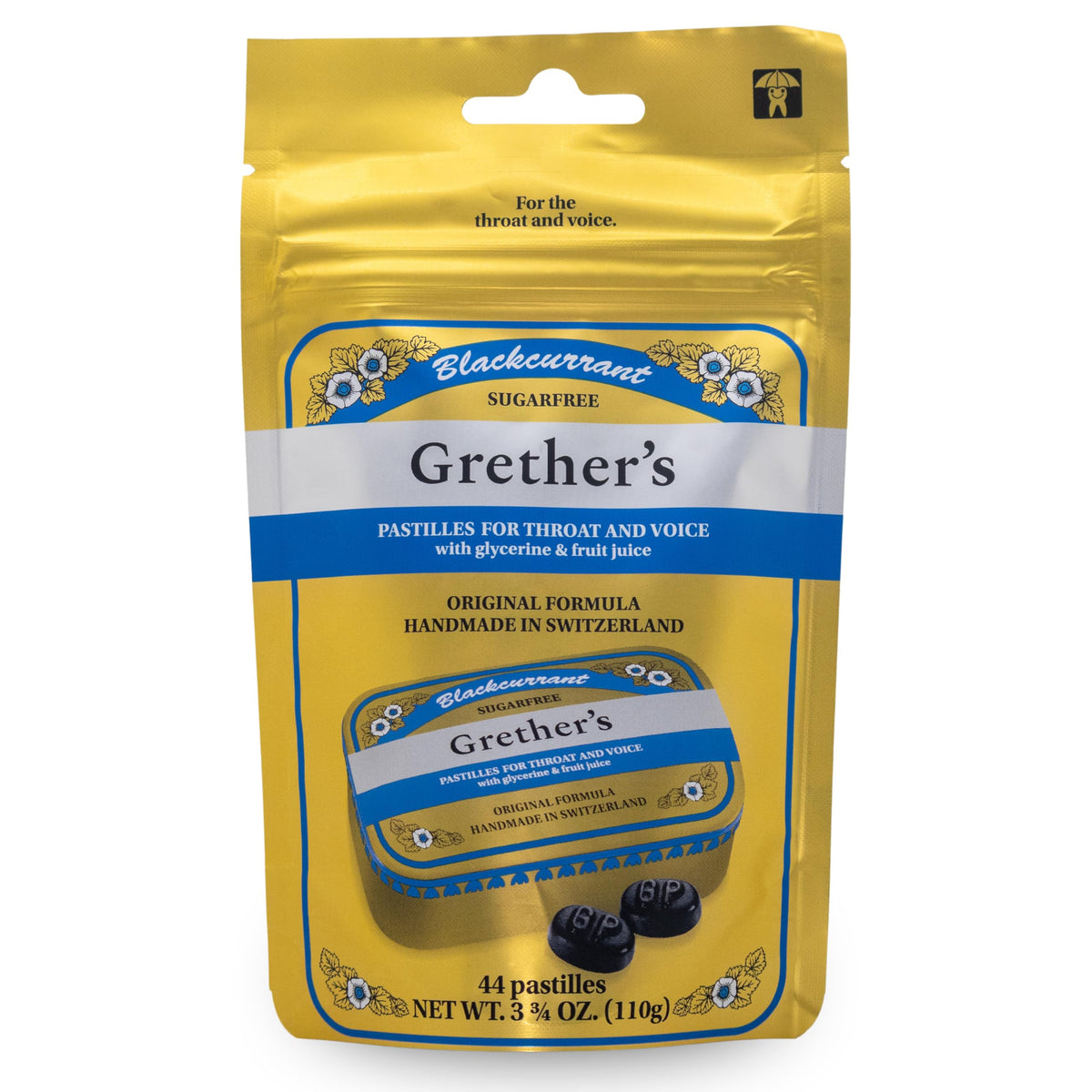 Front view of Grether's Sugarfree Blackcurrant Pastilles 1-Pack tin