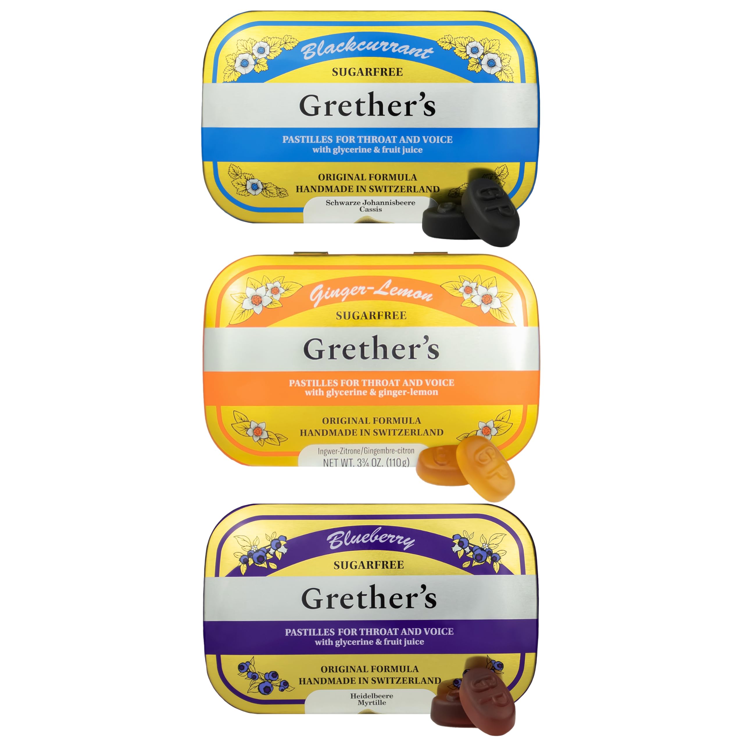 Hero image of Grether's Sugarfree Pastilles in 3-pack with Ginger Lemon, Blackcurrant, and Blueberry flavors