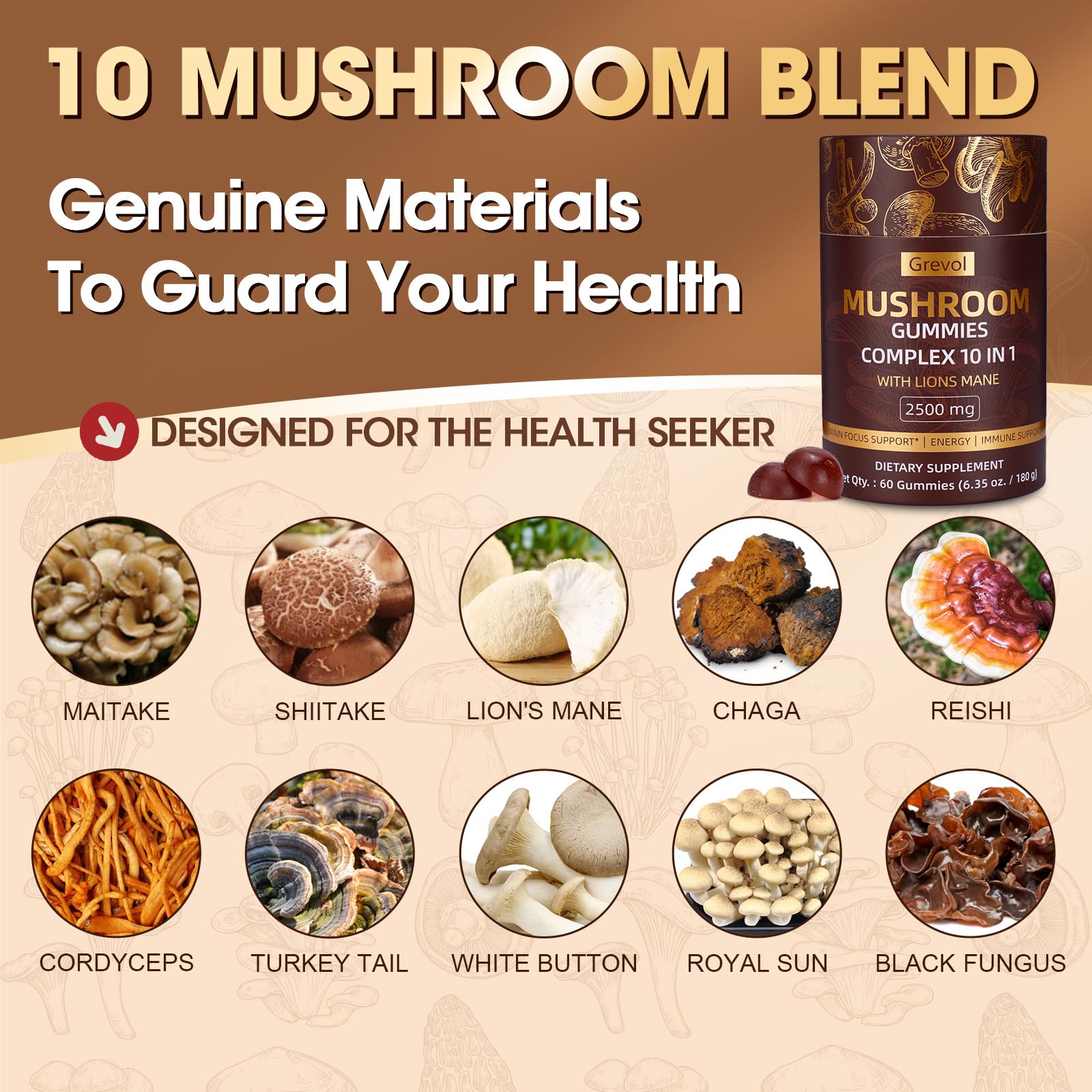 Gummies showing 10-mushroom complex blend