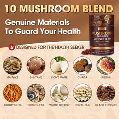 Gummies showing 10-mushroom complex blend