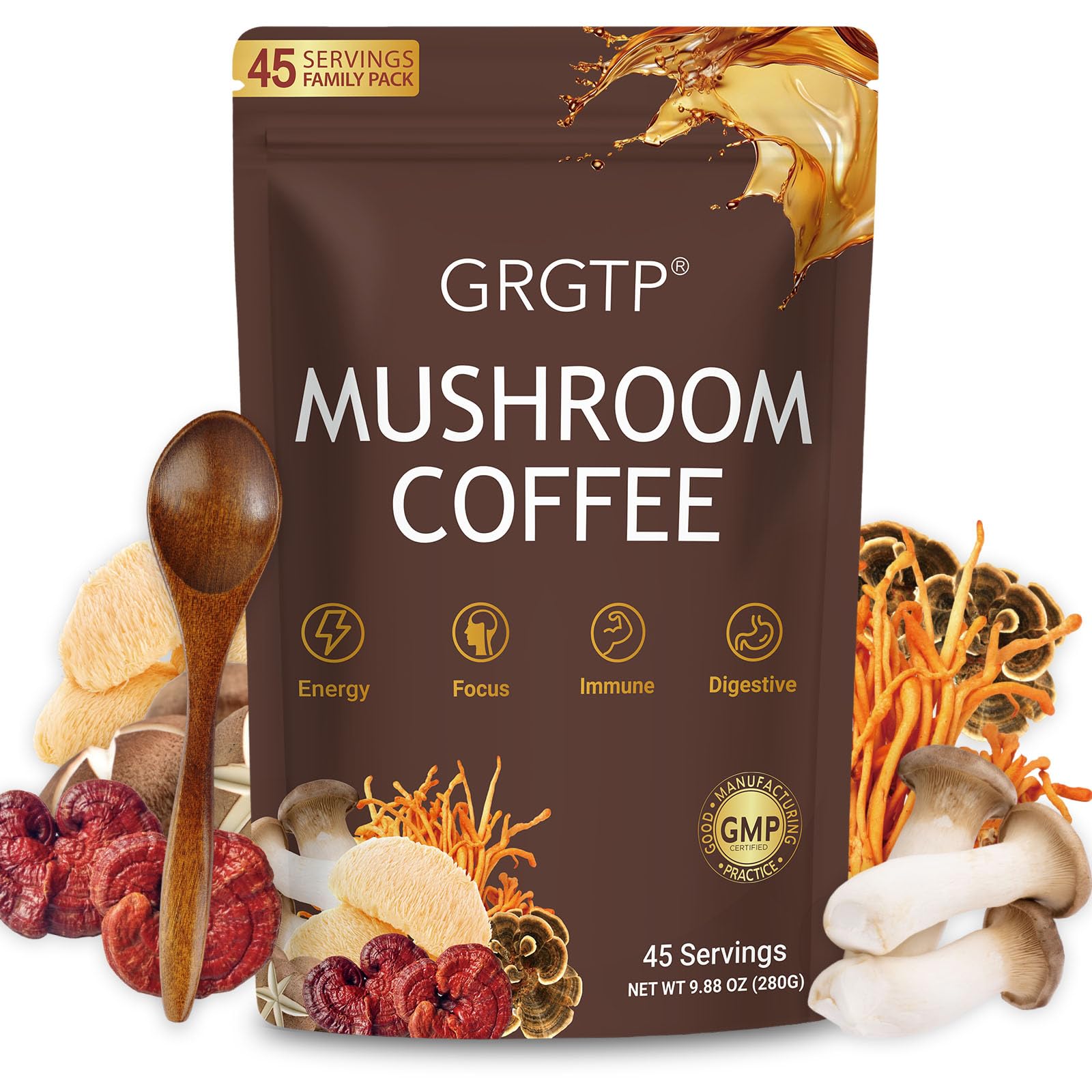 GRGTP Mushroom Coffee packaging featuring 45 servings