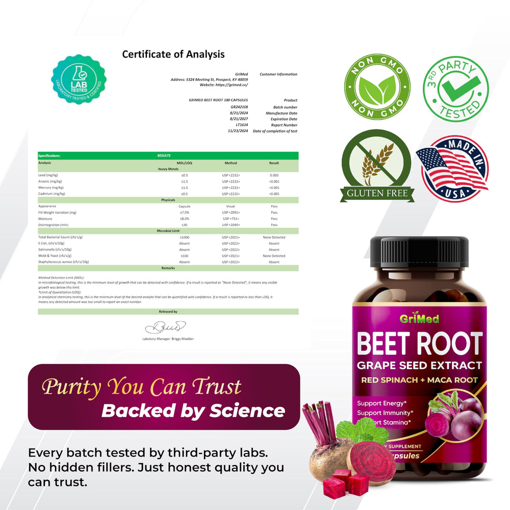 180-count bottle of GriMed Beet Root capsules