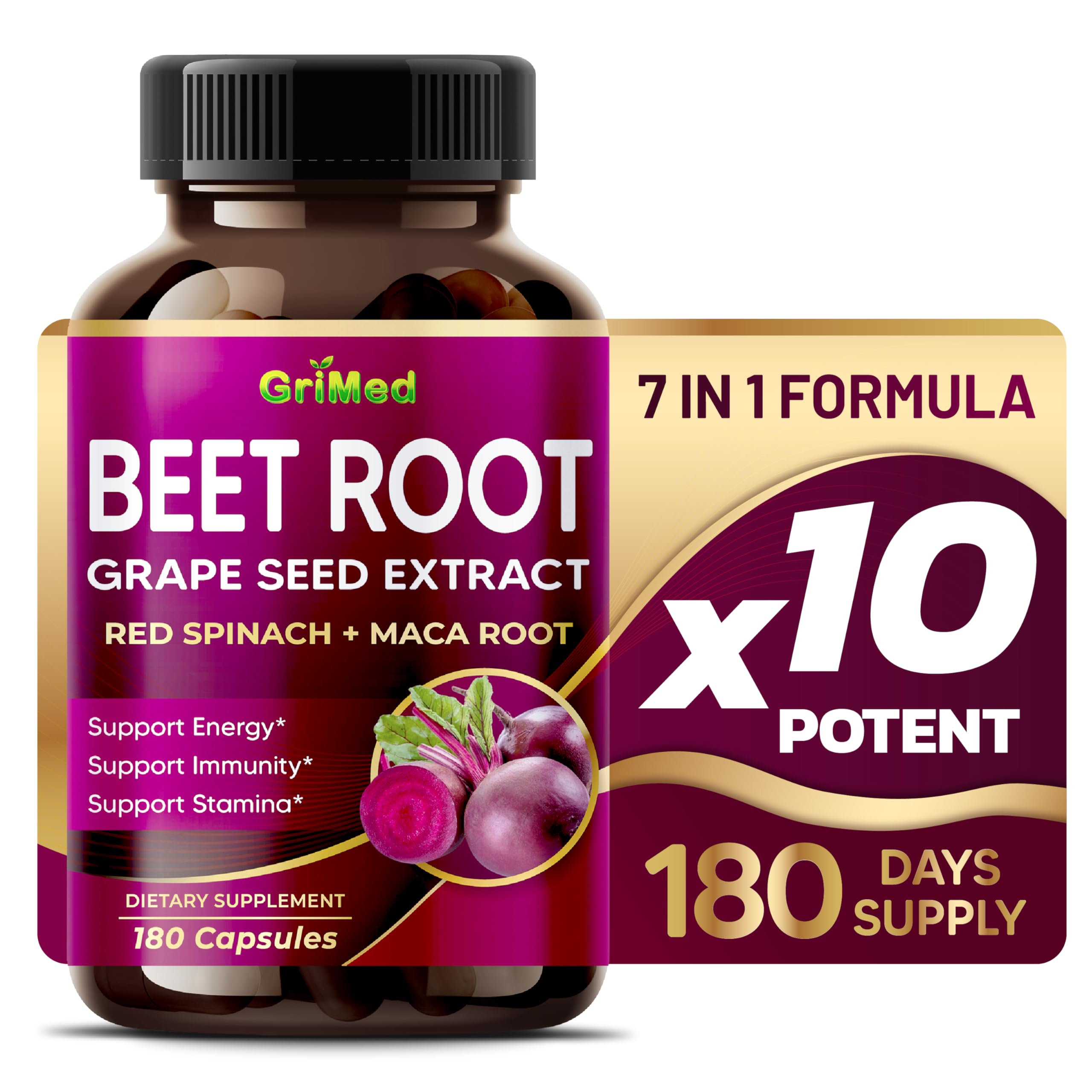 GriMed Beet Root 12-in-1 formula capsules bottle with grape seed, maca, red spinach and ashwagandha