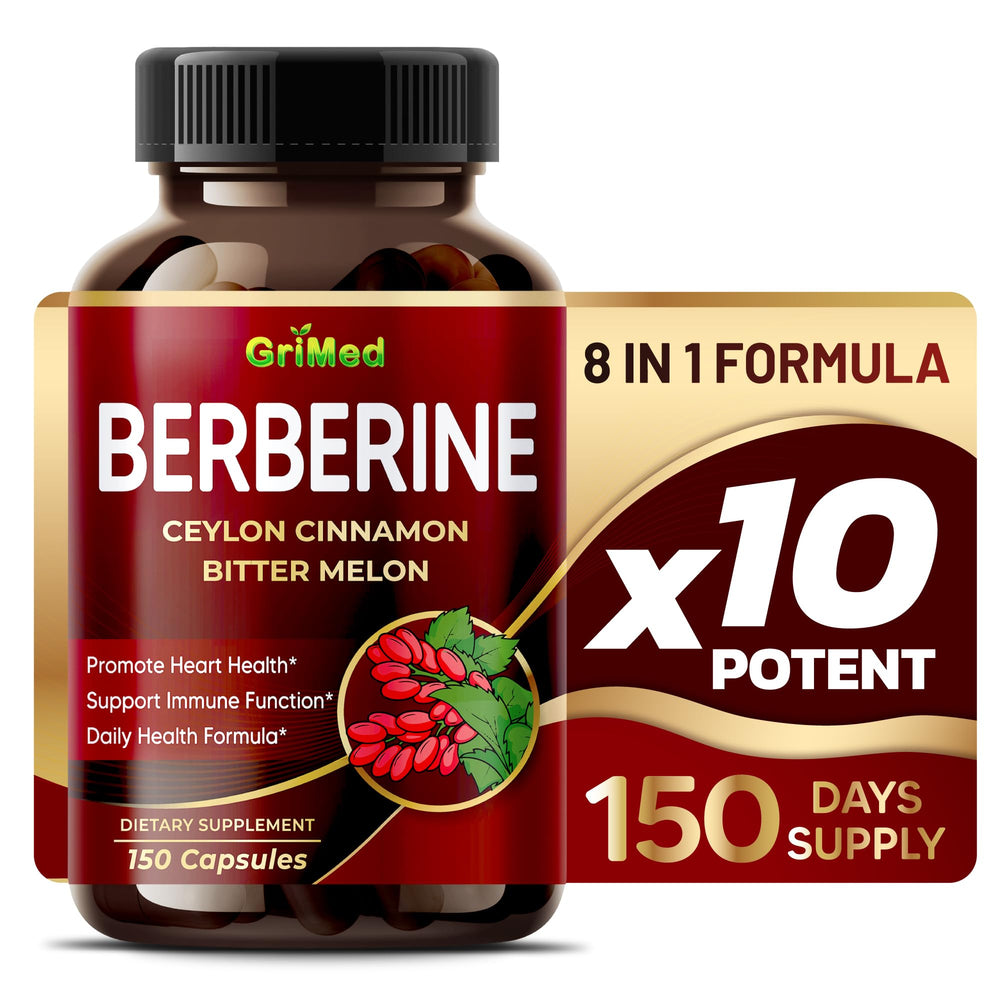 GriMed Berberine bottle and hero image featuring cinnamon and bitter melon