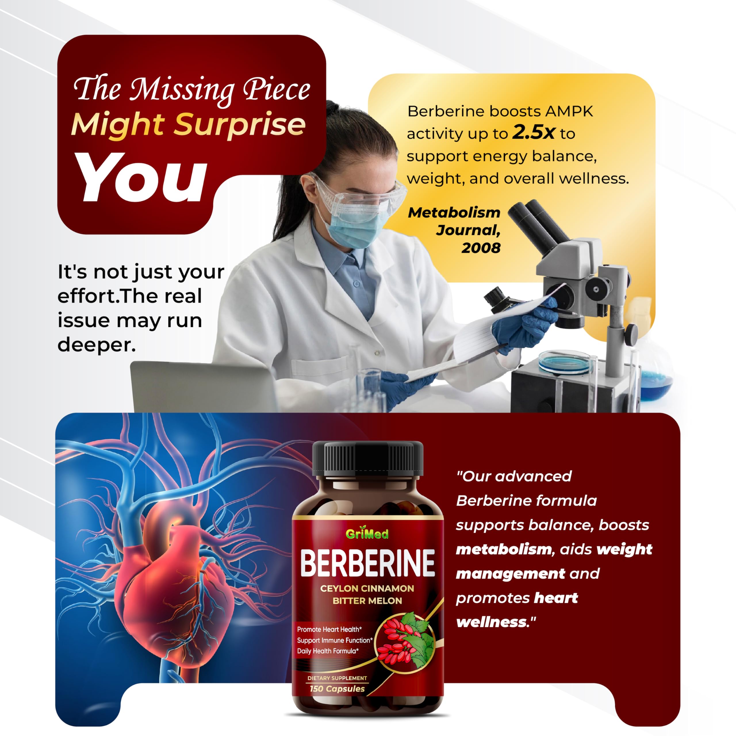 Ingredients panel showing berberine, cinnamon, and bitter melon