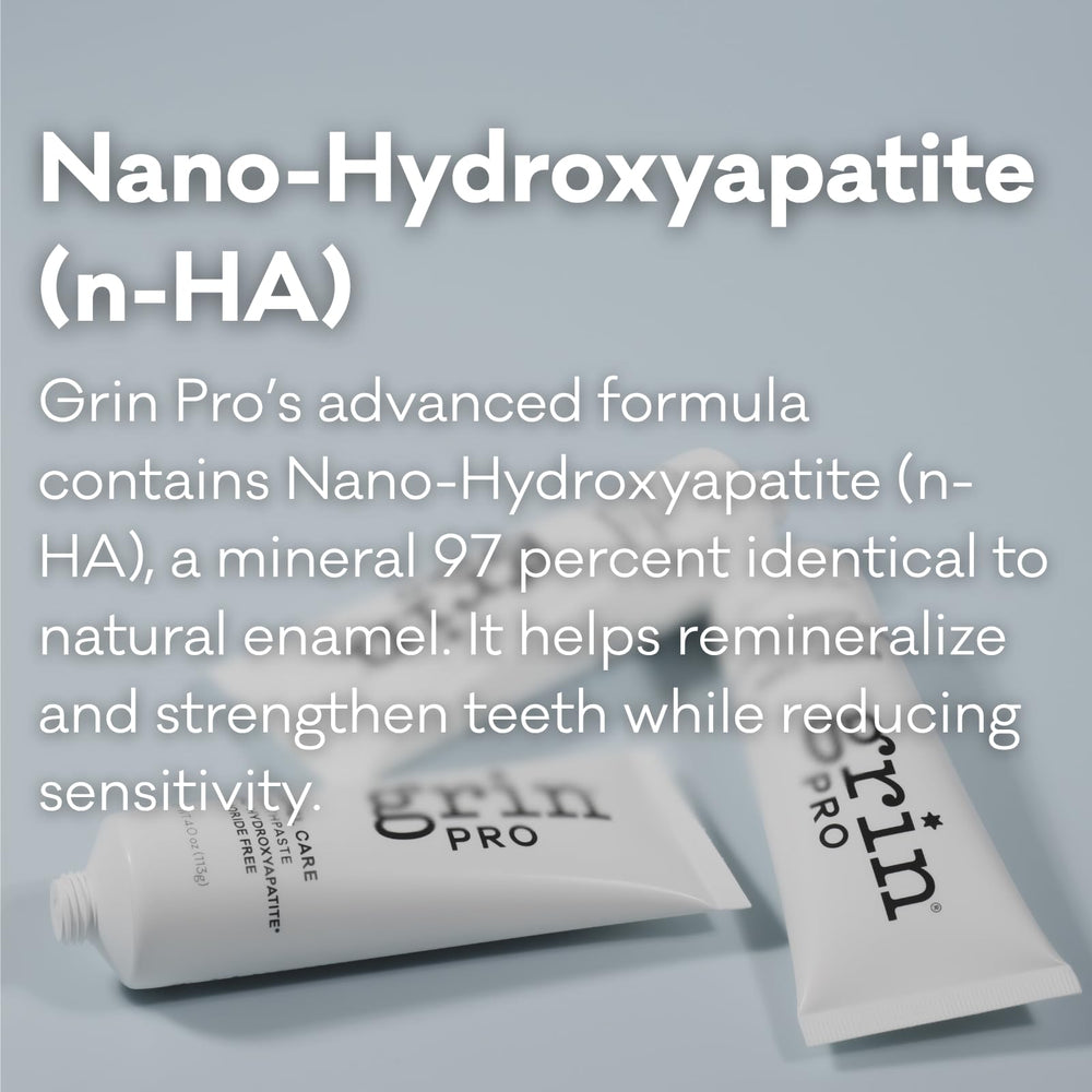 Back panel of Grin Pro Enamel Repair toothpaste 4 oz with ingredients