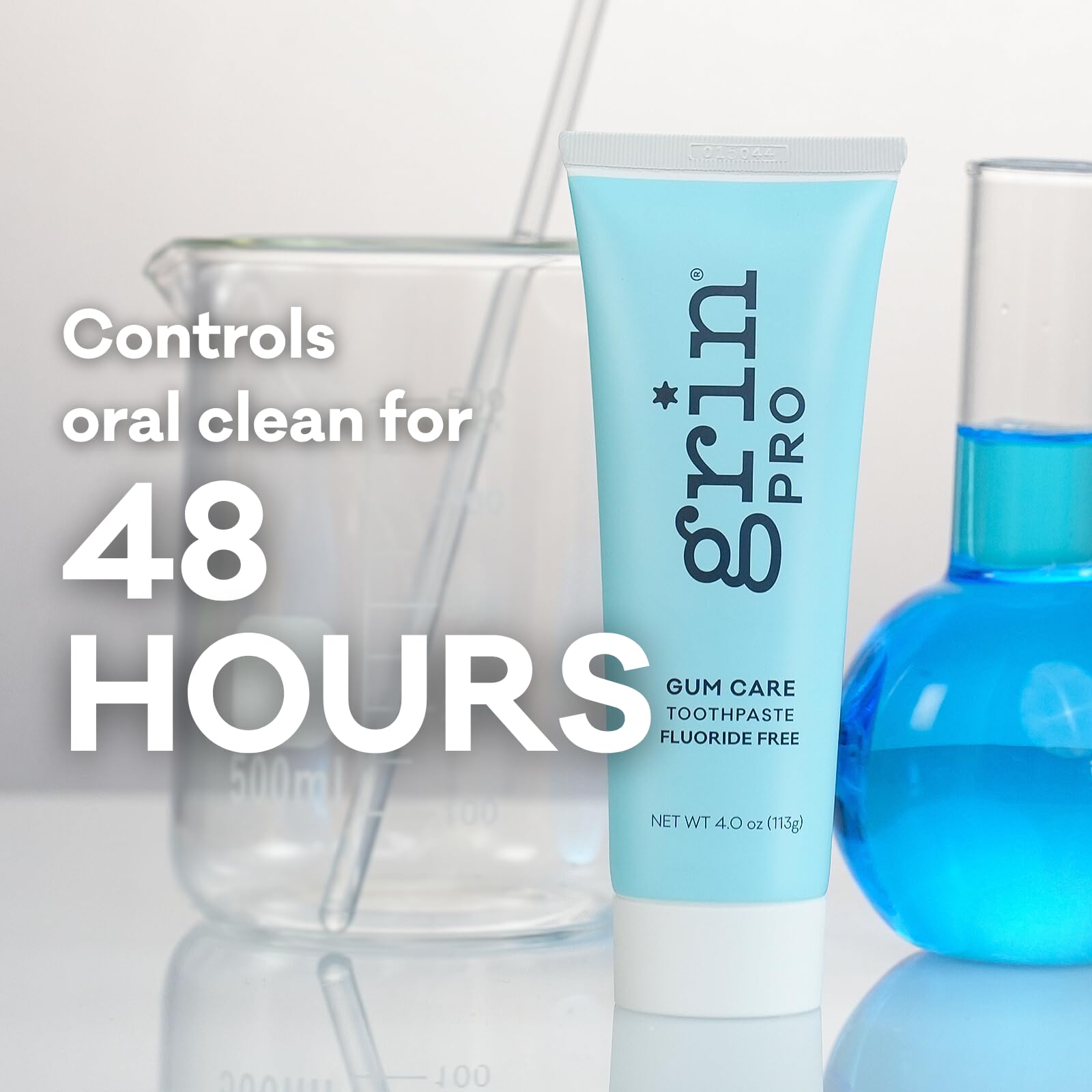Close-up of 48-hour impurity control claim on Grin Pro packaging