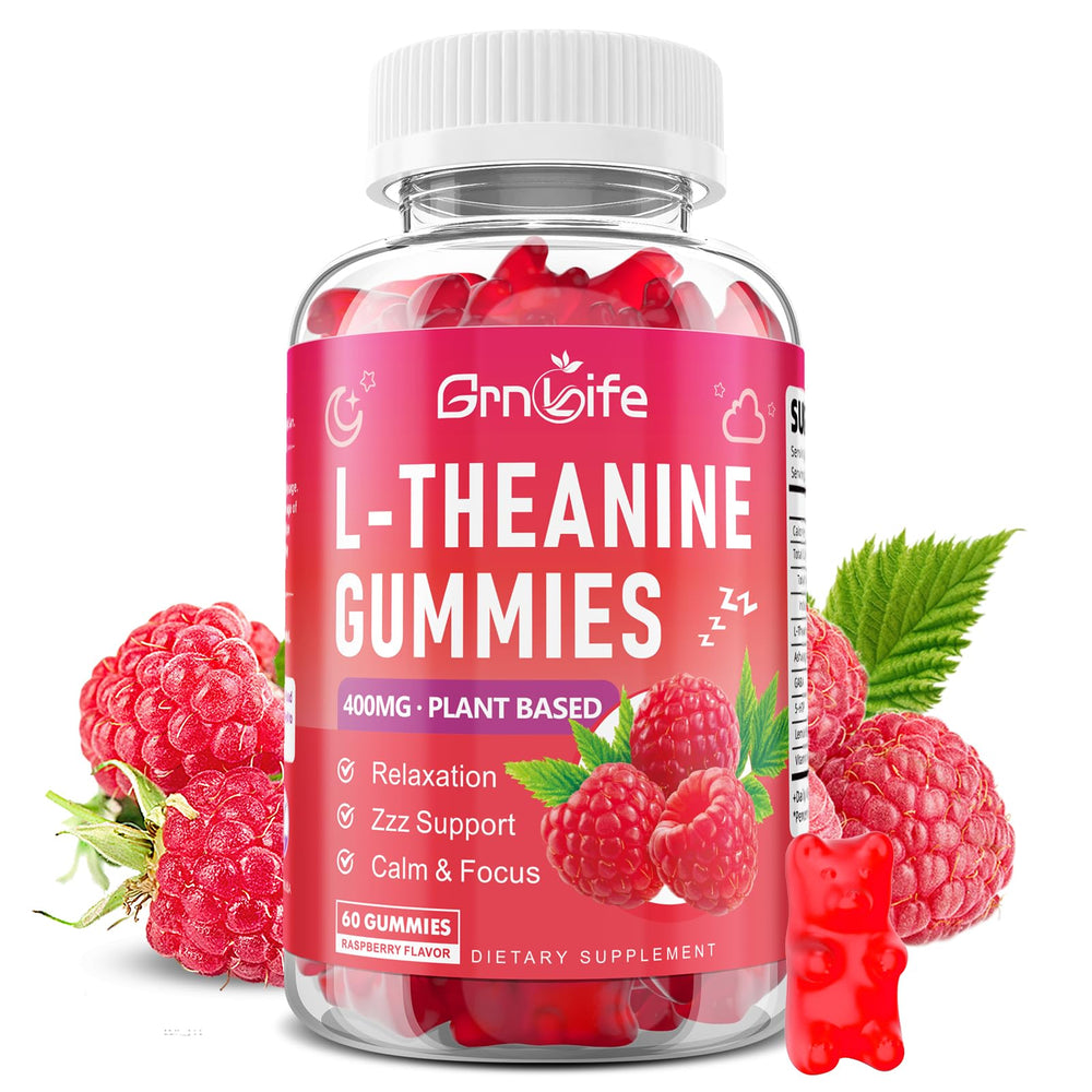 Bottle of GrnLife L-Theanine Gummy 60-count Raspberry flavor with label