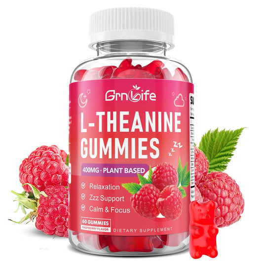 Bottle of GrnLife L-Theanine Gummy 60-count Raspberry flavor with label
