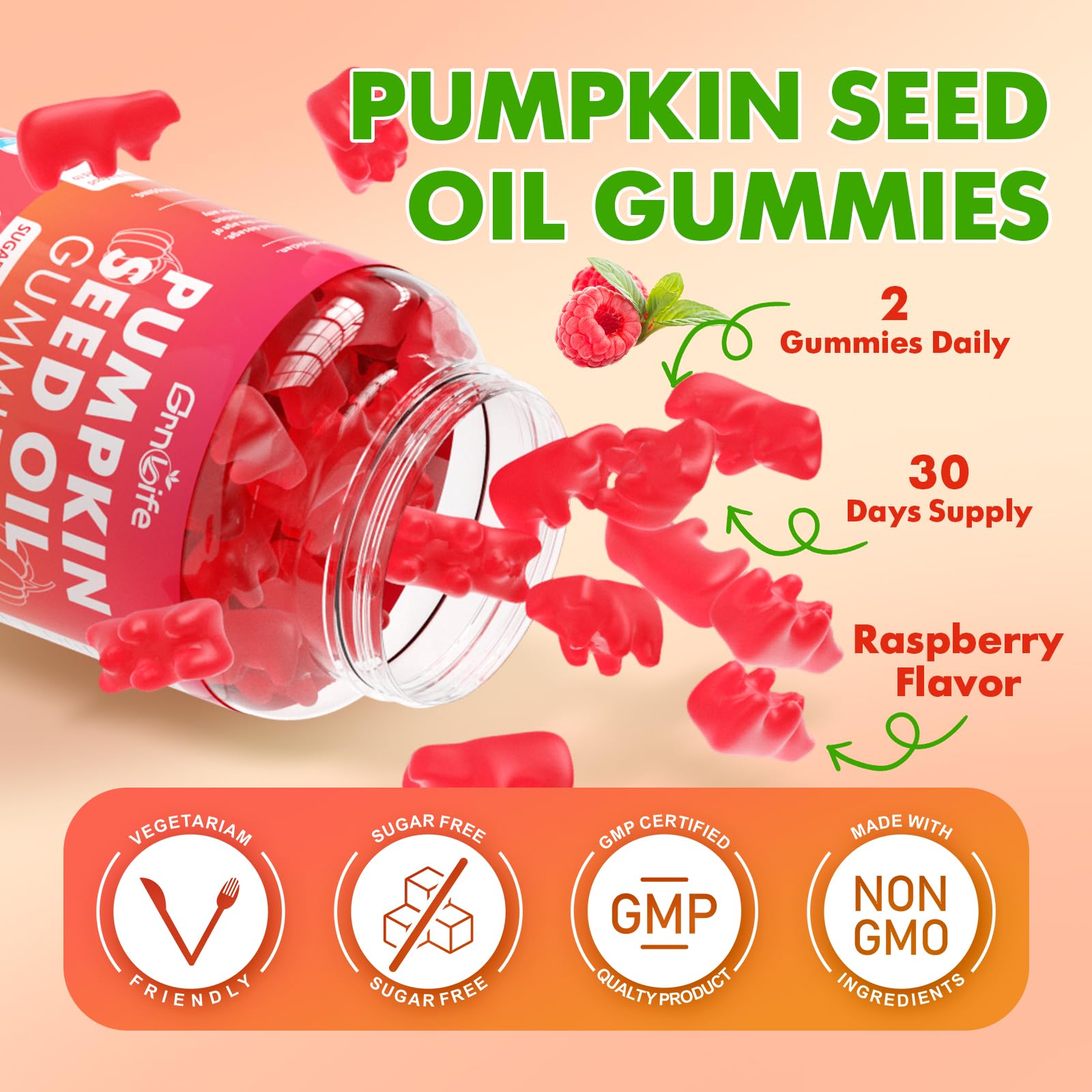 GMP-certified and lab-tested GrnLife pumpkin seed oil gummies packaging