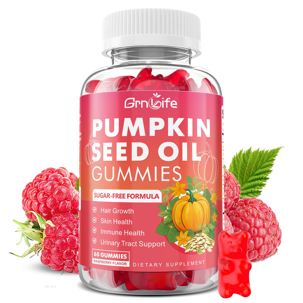 GrnLife Raspberry-flavored Pumpkin Seed Oil Gummies bottle displaying 60 count