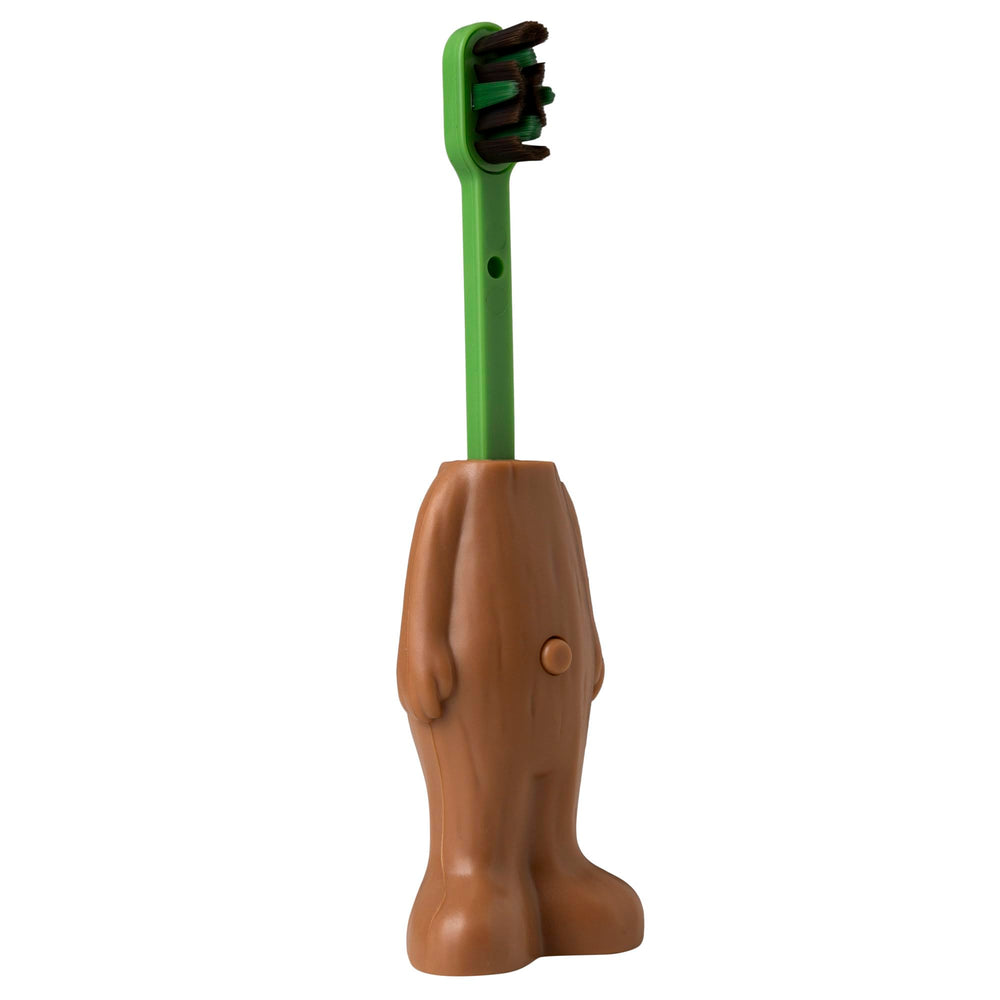 Groot kids toothbrush with travel cover removed, ready for brushing