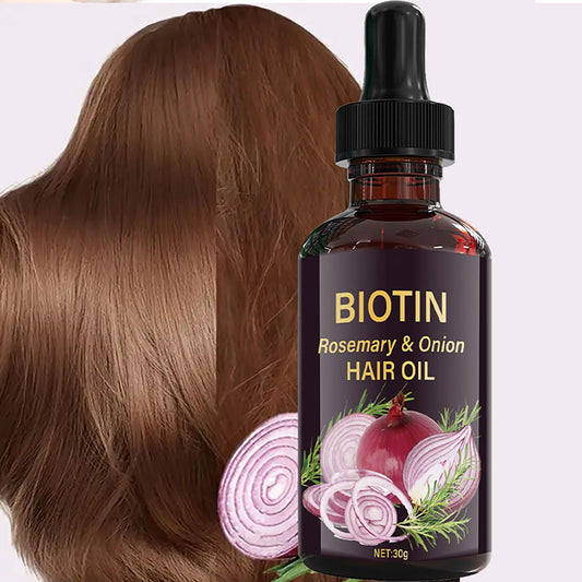 Grospe Onion Biotin Rosemary Hair Oil bottle back shows ingredients and scalp care.