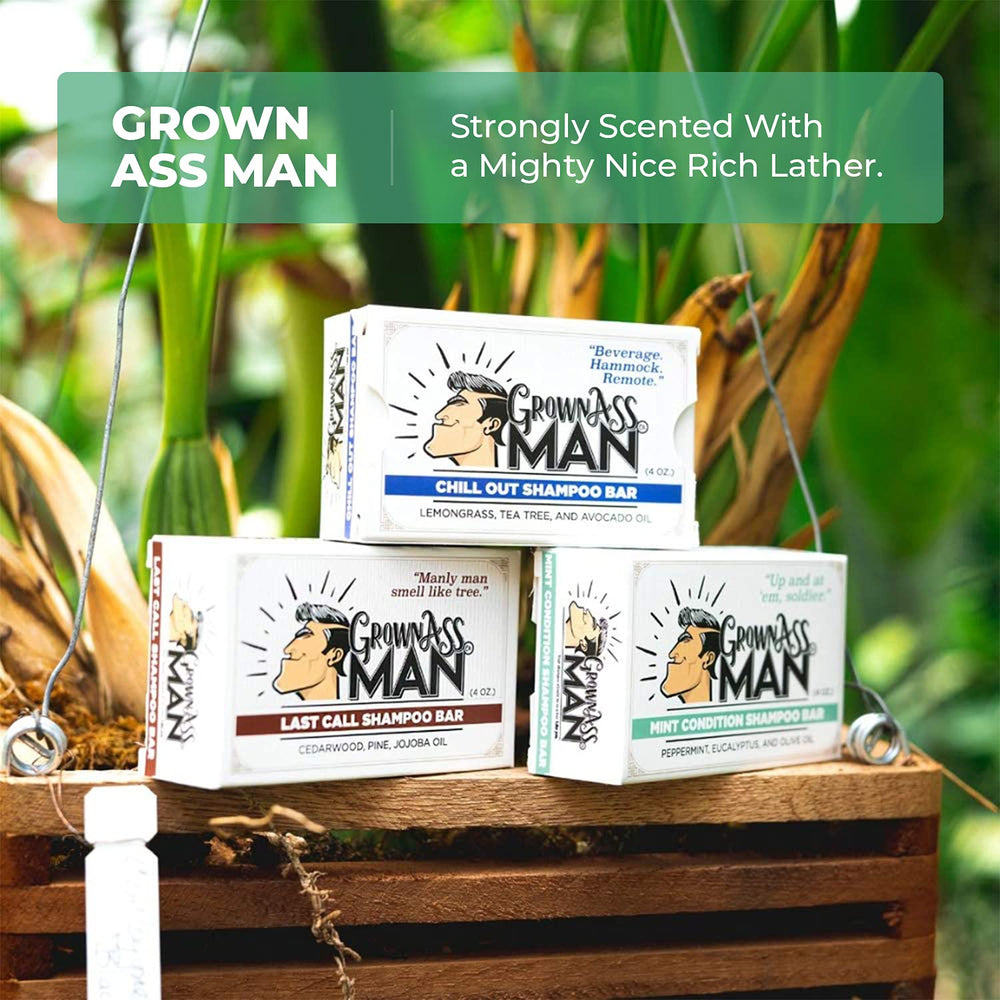 Grown Ass Man Co Mint Condition packaging, sustainable plastic-free design.