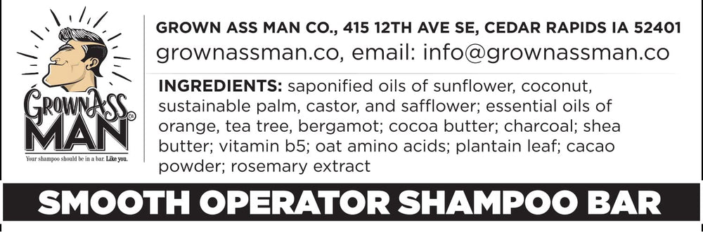 Close-up of Smooth Operator ingredients: tea tree, cocoa butter, and charcoal.