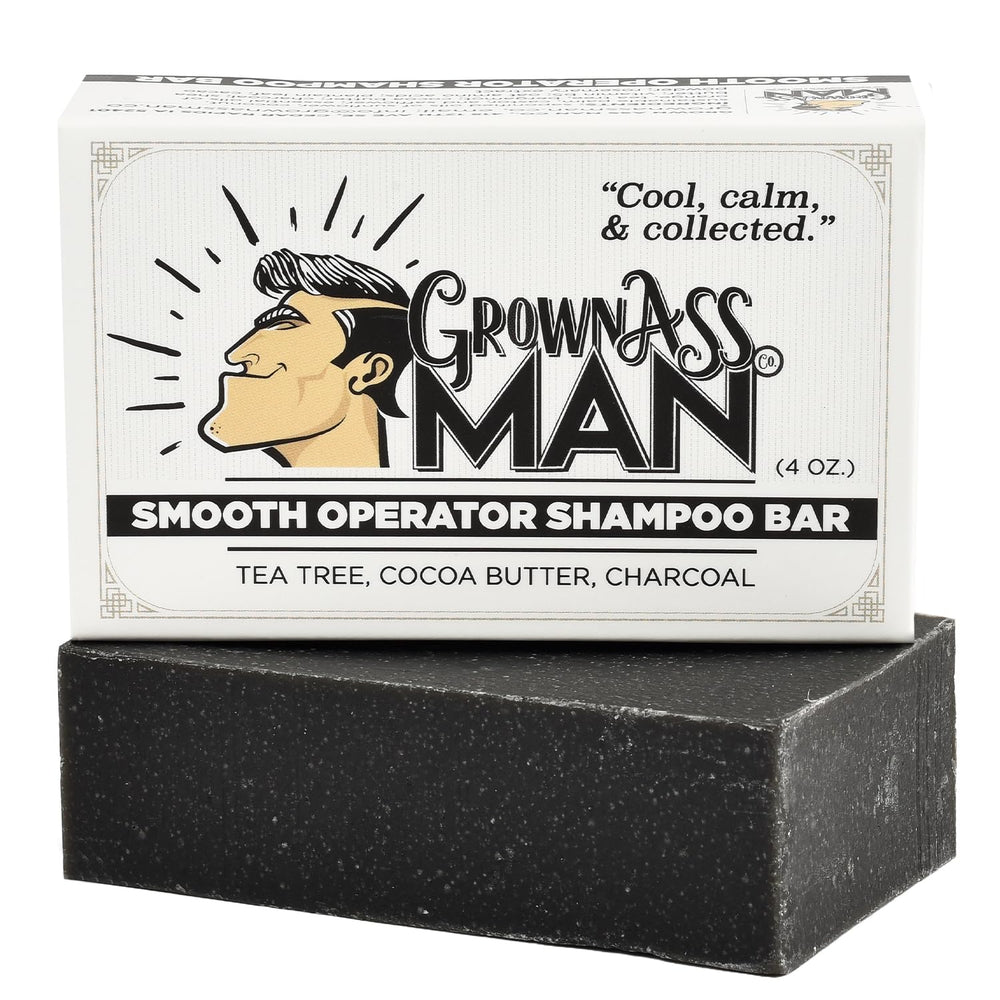 Grown Ass Man Co Smooth Operator bar packaging on display showing eco-friendly design.