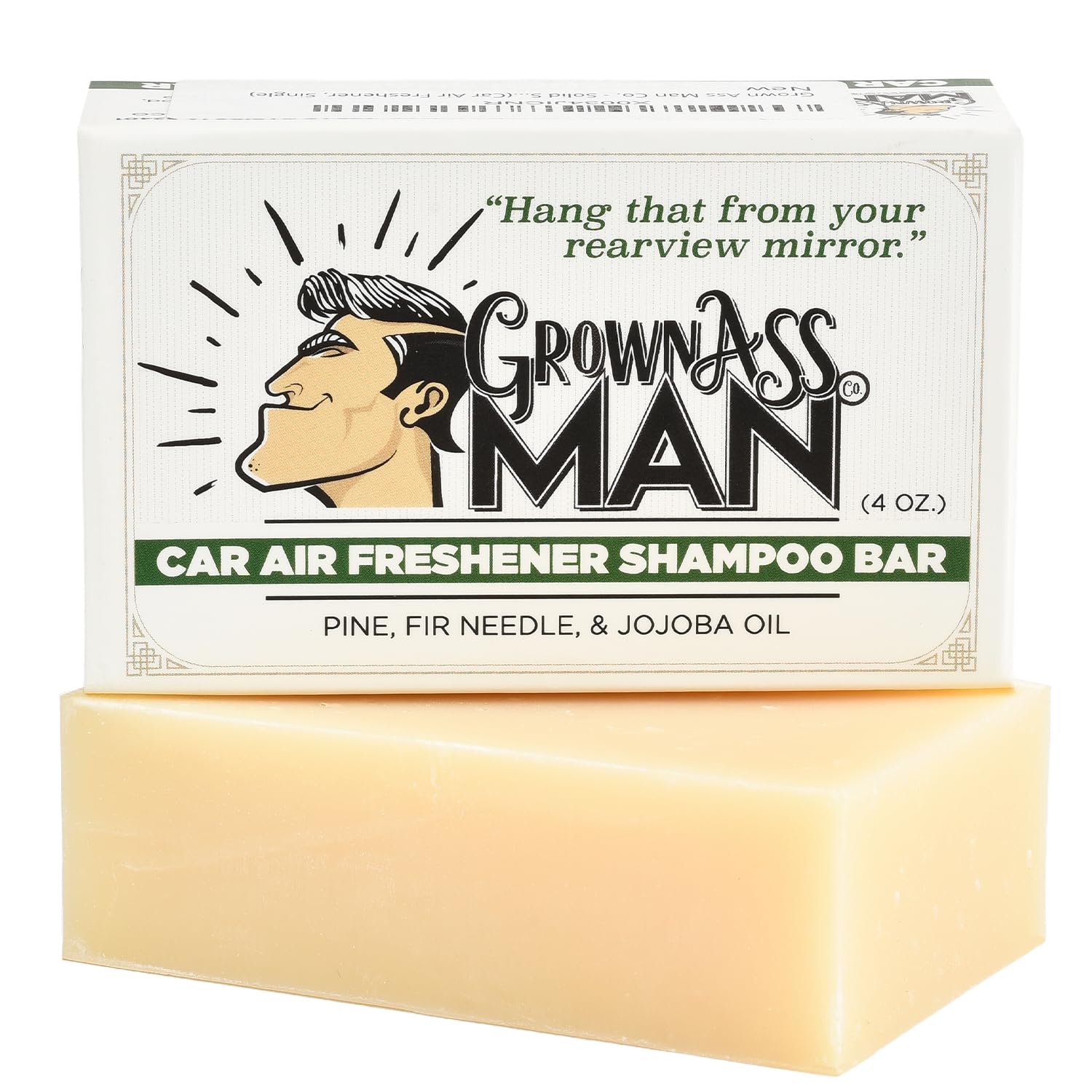 Grown Ass Man Co. solid shampoo bar with forest pine scent for hair, beard and body care.
