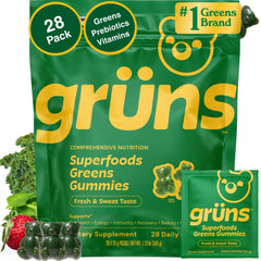 Grüns Adults Super Greens gummy bears bottle showing convenient daily nutrition on the go