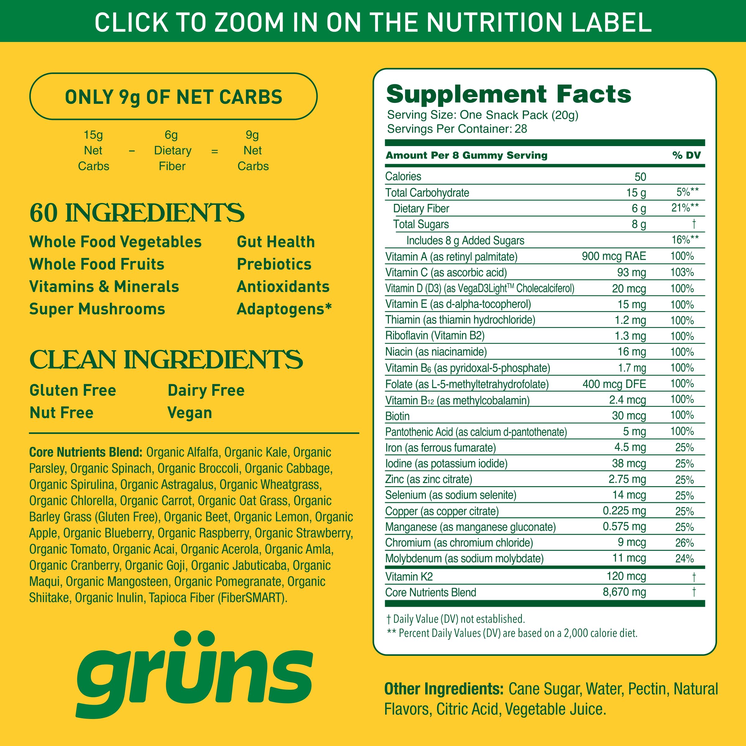 Grüns gummy bears label close-up showing vitamins and minerals
