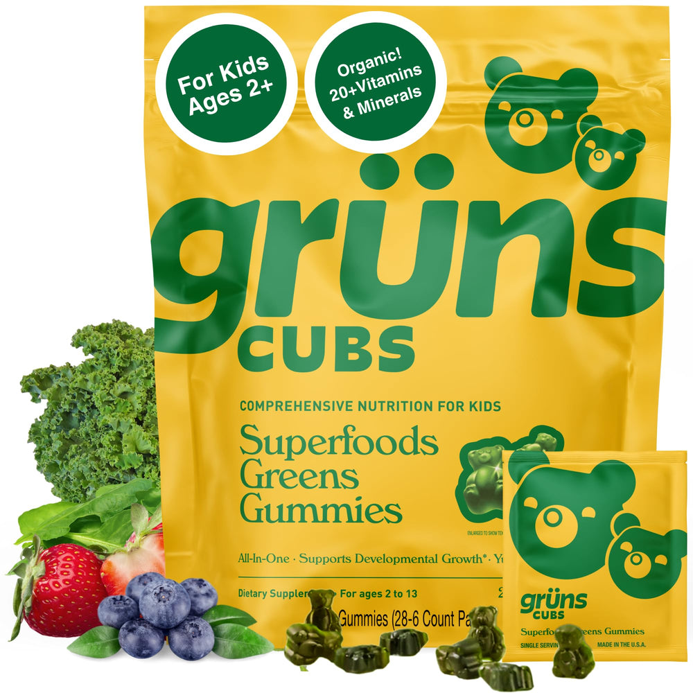 Grüns kids multivitamin gummies bottle for on-the-go daily nutrition.