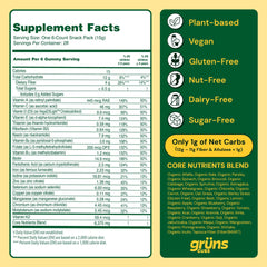 Close-up of Gruns Super Greens gummies showing colorful, plant-based ingredients