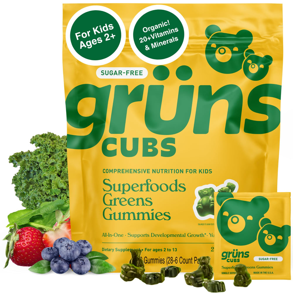 Grüns multivitamin kids strawberry gummy bears on bottle, tasty daily nutrition for active children.
