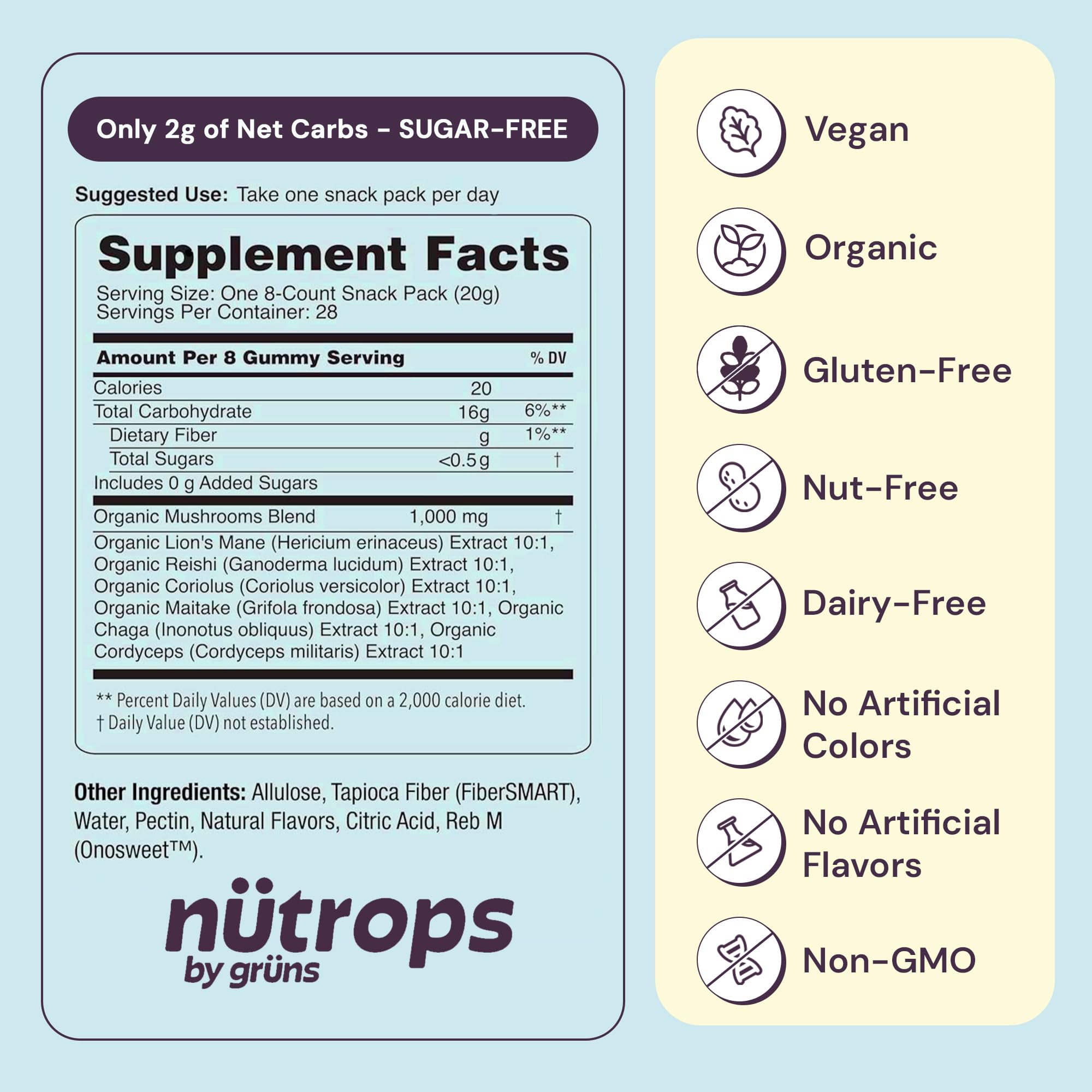 Grüns Nutrops packaging front view showcasing convenient snack.