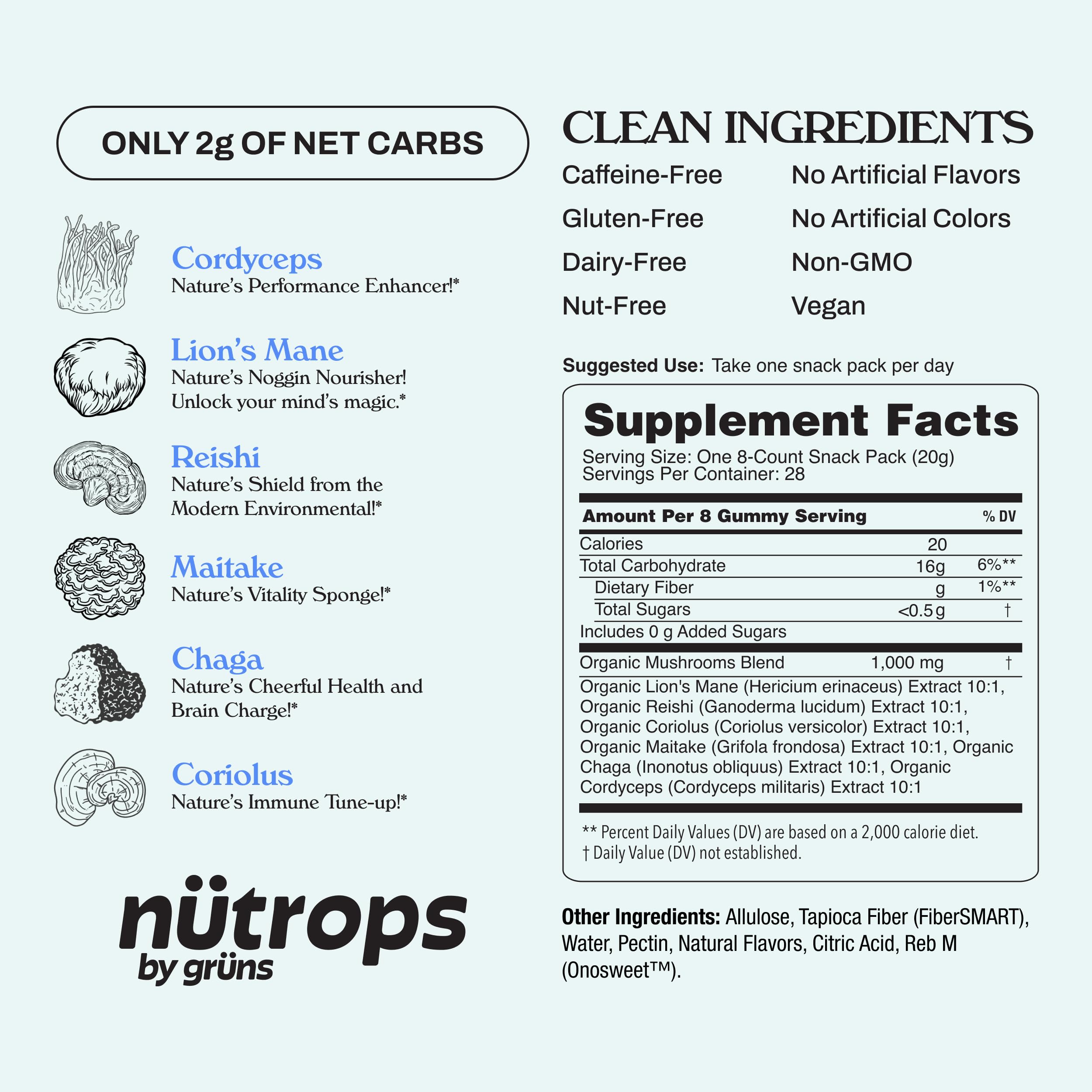 Grüns Nutrops travel-pack snack for easy daily routine.