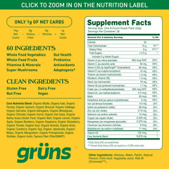 Grüns prebiotics and adaptogens pack showcases balanced daily nutrition routine.