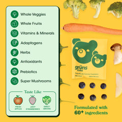 Grüns super greens gummies jar highlighting strawberry flavor and nutrient-rich appeal.