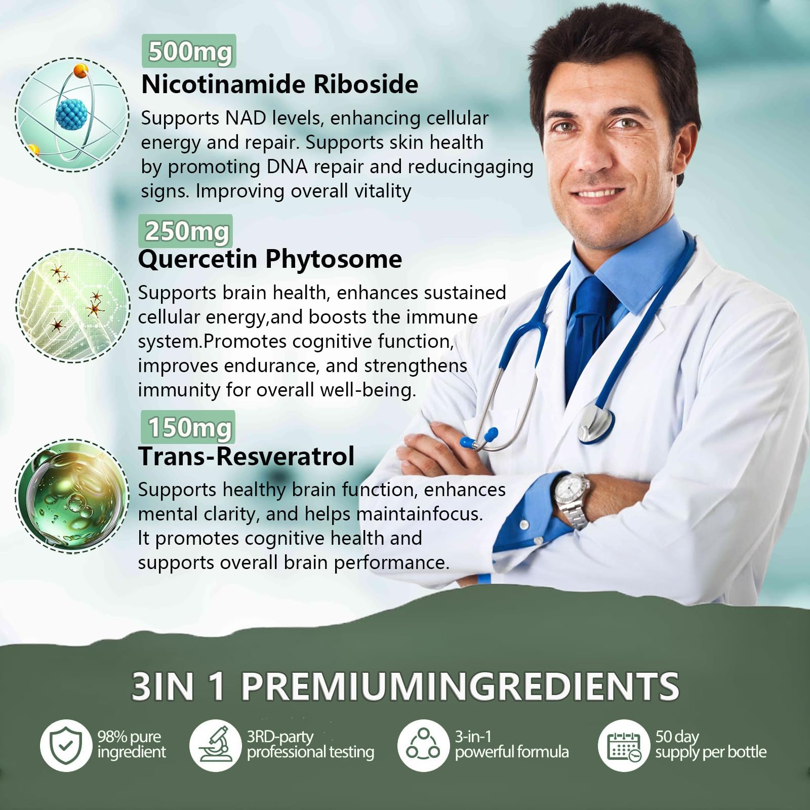 Close-up of GSXR NAD+ 900MG liposomal NR Resveratrol bottle