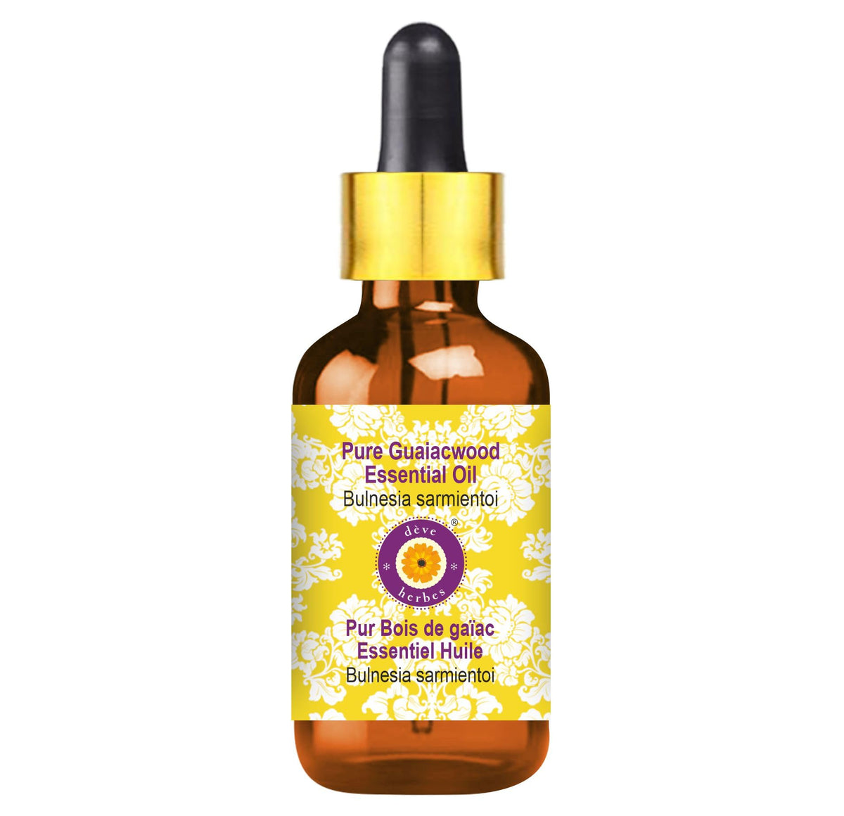 Amber glass bottle with dropper containing Guaiacwood essential oil