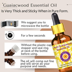 Close-up of amber bottle showing guaiacwood essential oil