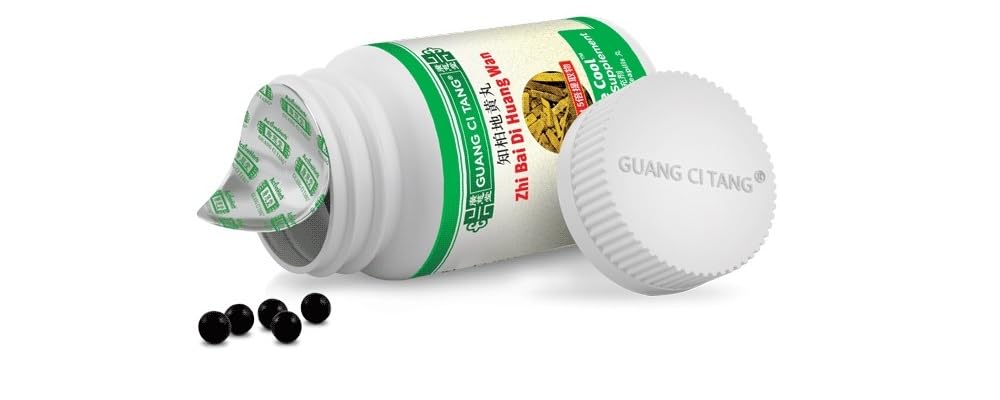 Product bottle showing 200 teapills per bottle for Guang Ci Tang Zhi Bai Di Huang Wan