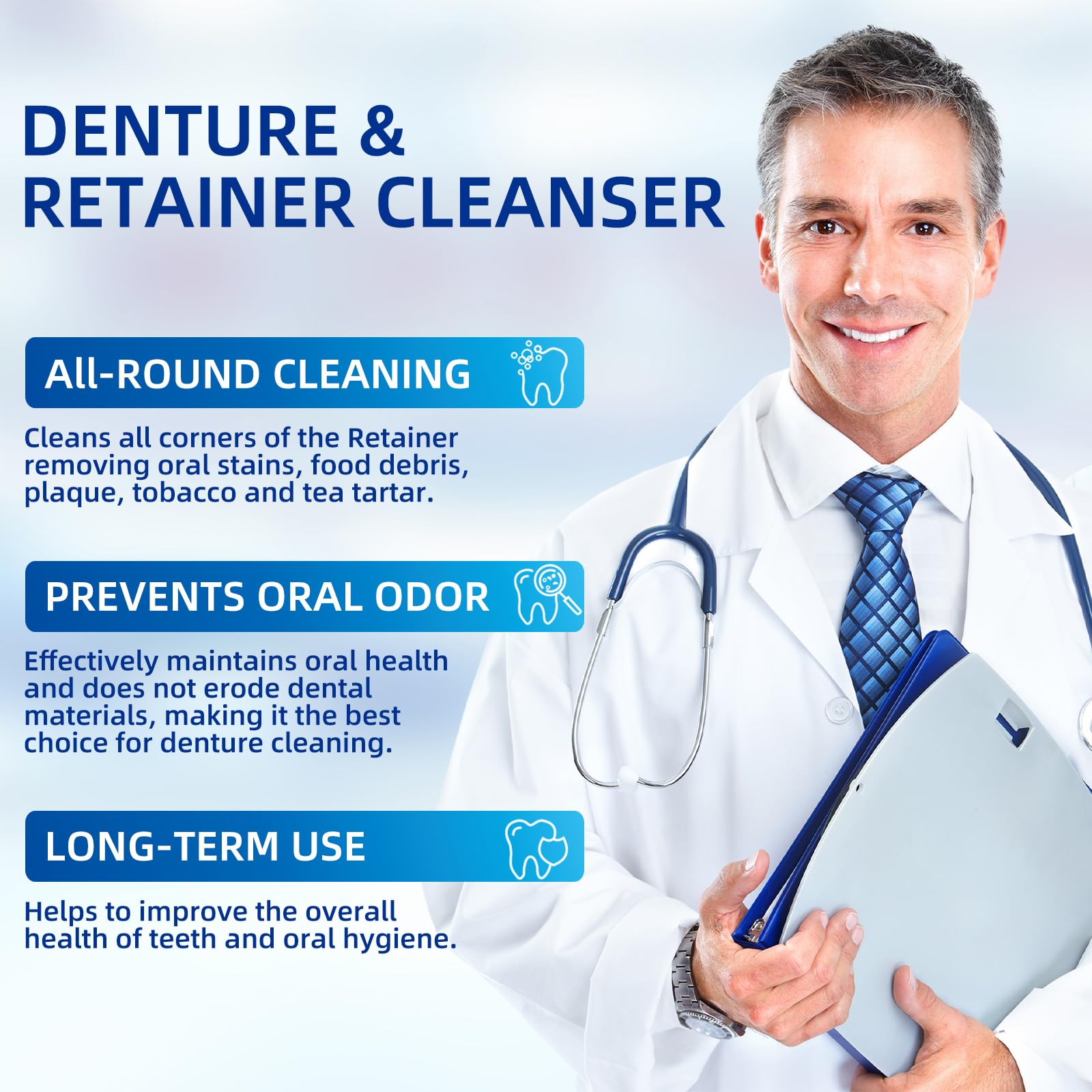 Guard bath cup included for soaking dentures
