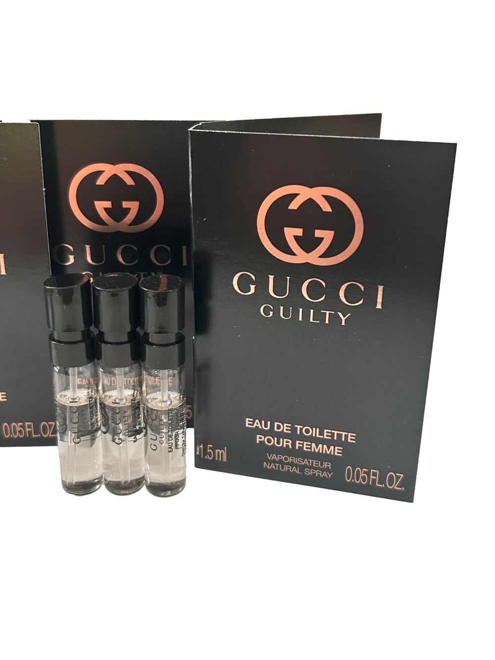 Gucci Guilty sample spray dispenser ideal for testing scent notes before purchase.