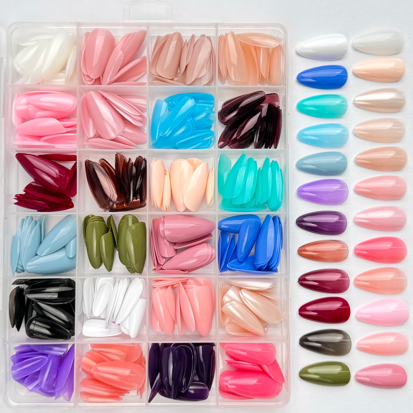 GUFUGU 24-color collection almond nails in a sturdy box for easy color selection.