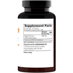 MONOHERB Guggul Extract 500 mg - 180 Capsules bottle back label view