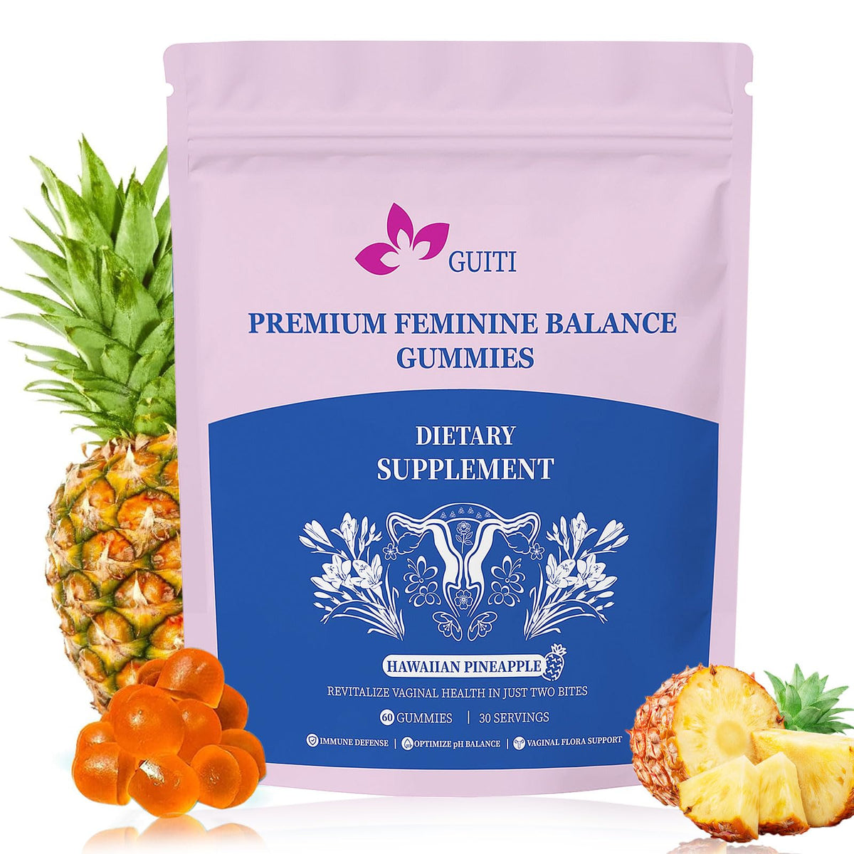 GUITI Feminine Balance Gummies packaging – 60 pineapple gummies