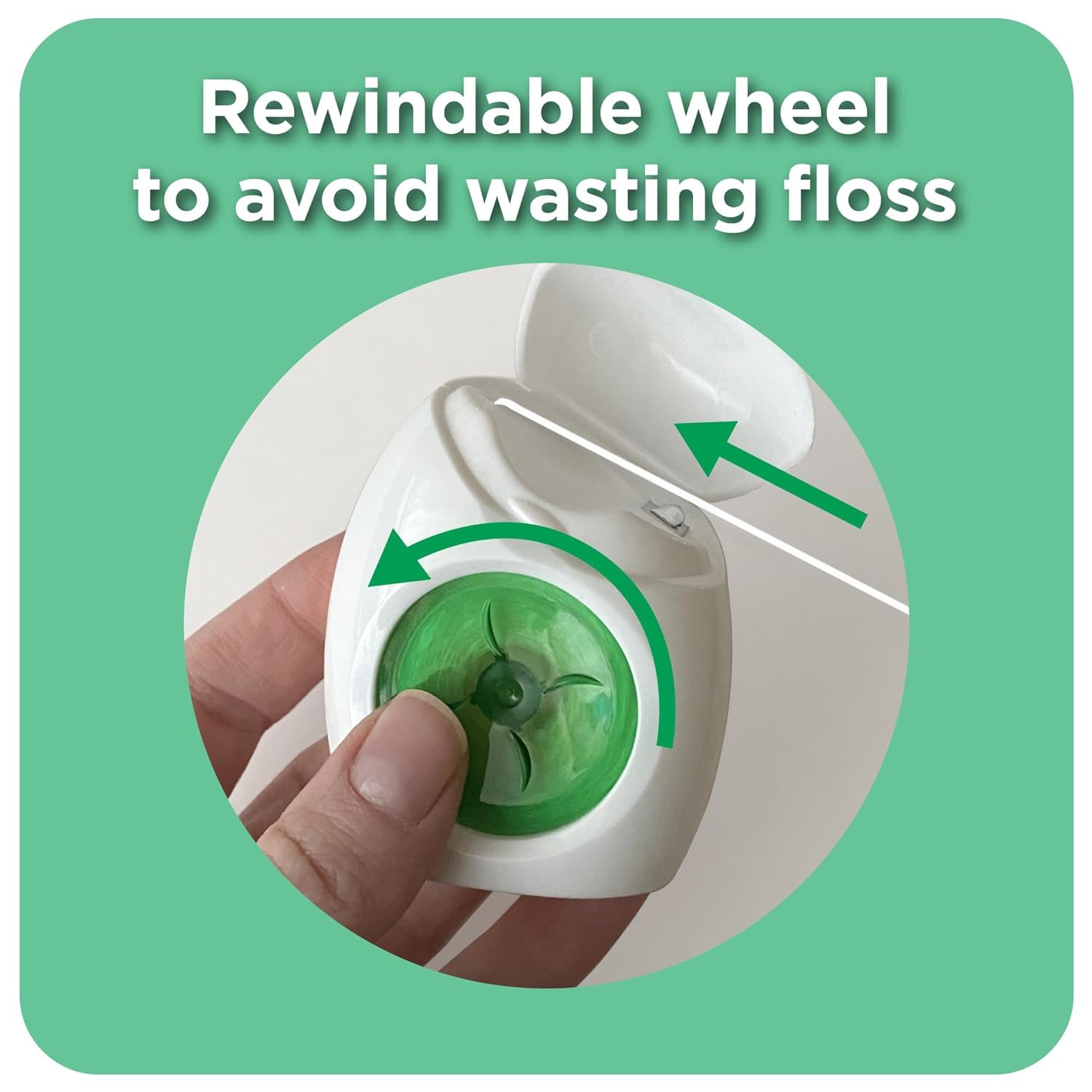 Mint flavored waxed floss in plastic dispenser