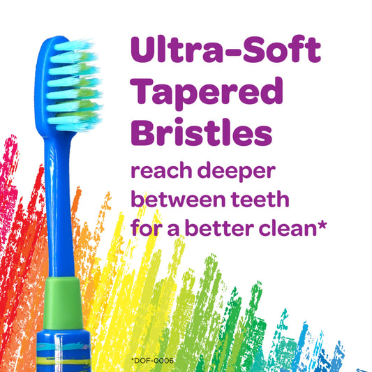 Four colorful GUM Crayola Deep Clean toothbrushes for kids