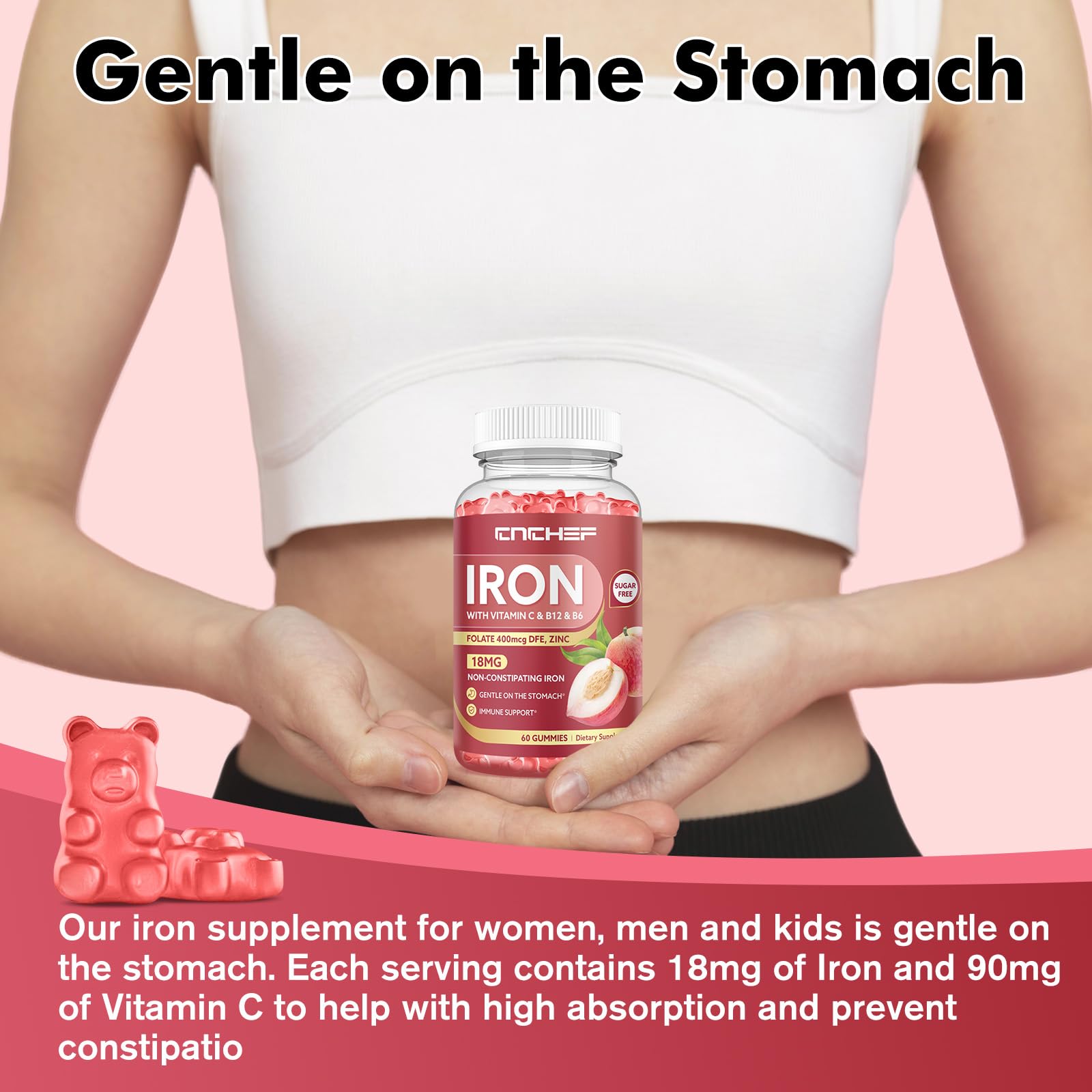 Bear-shaped peach-flavored iron gummies