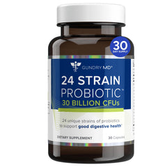 Front view of Gundry MD 24 Strain Probiotic bottle