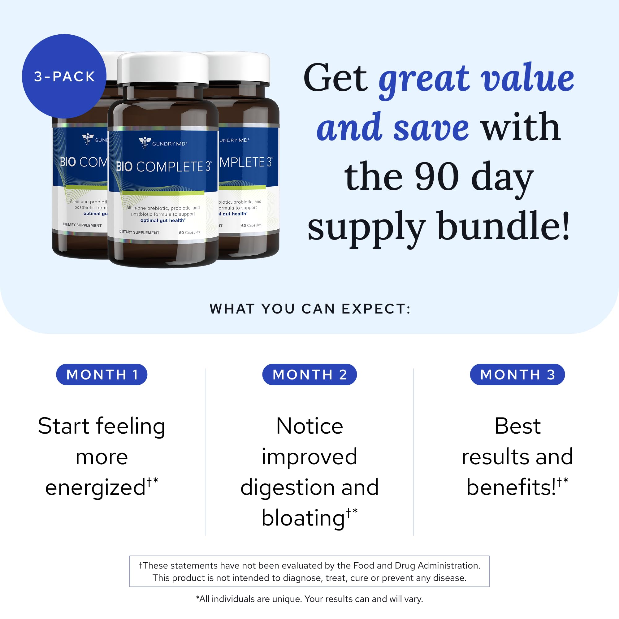 Close-up of Bio Complete 3 ingredients: probiotics, prebiotics and postbiotics