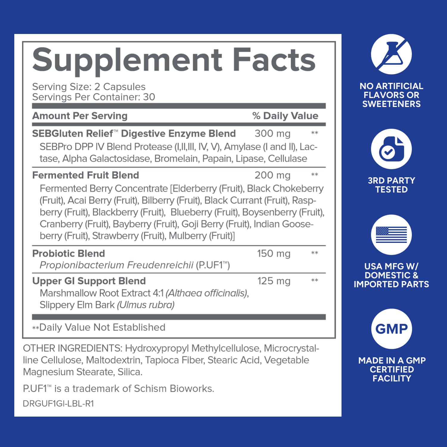 Usage instructions showing 2 capsules daily with water